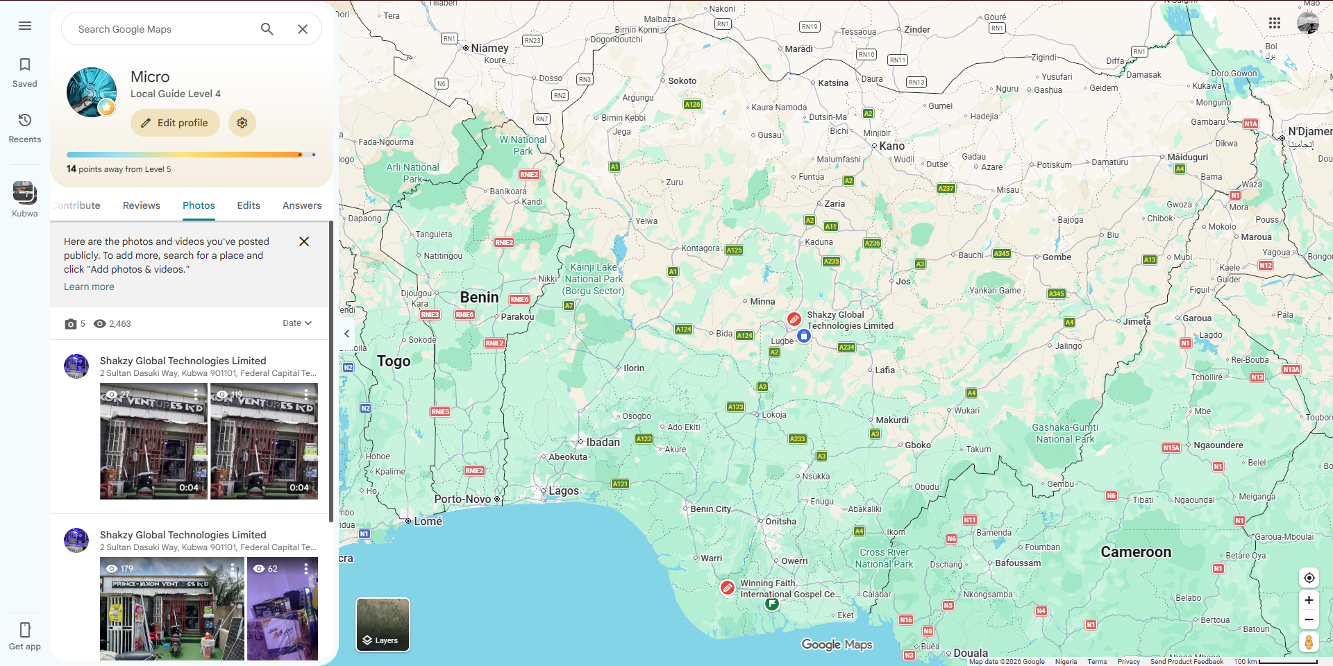 Google Maps contributor profile showing public photos and the Nigeria map.